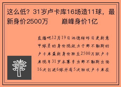 这么低？31岁卢卡库16场造11球，最新身价2500万⬇️巅峰身价1亿