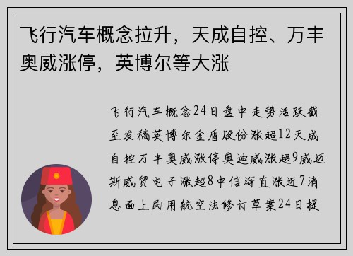 飞行汽车概念拉升，天成自控、万丰奥威涨停，英博尔等大涨