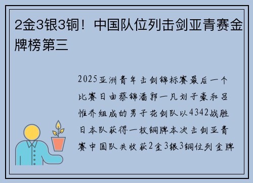 2金3银3铜！中国队位列击剑亚青赛金牌榜第三