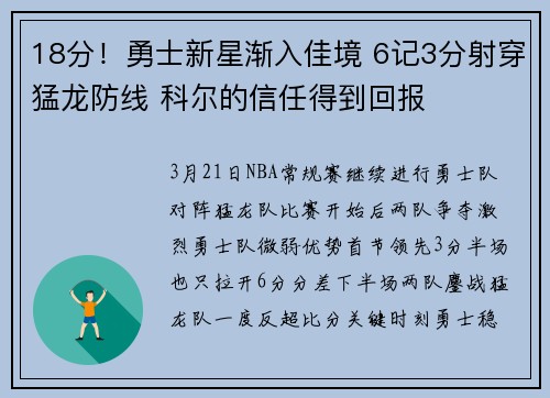 18分！勇士新星渐入佳境 6记3分射穿猛龙防线 科尔的信任得到回报