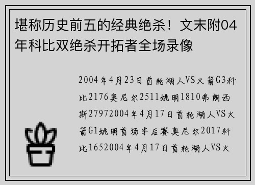 堪称历史前五的经典绝杀！文末附04年科比双绝杀开拓者全场录像