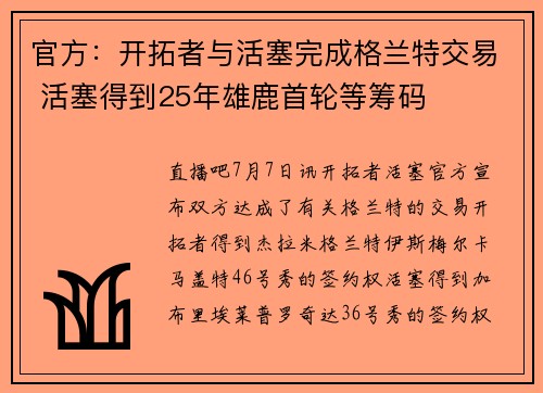 官方：开拓者与活塞完成格兰特交易 活塞得到25年雄鹿首轮等筹码
