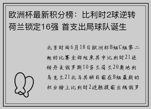 欧洲杯最新积分榜：比利时2球逆转 荷兰锁定16强 首支出局球队诞生